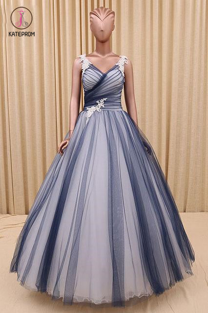 Ball Gown V Neck Dark Blue Tulle Prom Dress with Applique, Puffy Long Quinceanera Dress KPP0710