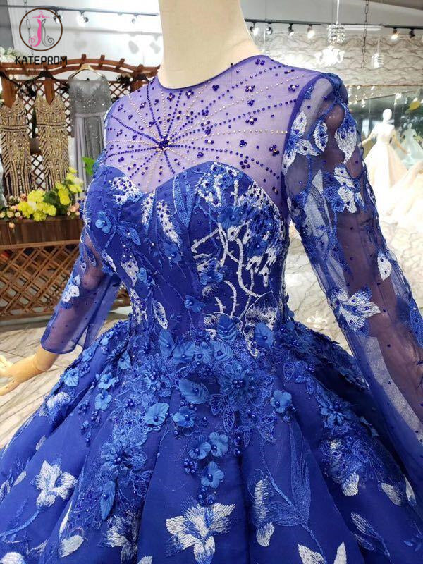 Blue Ball Gown Floral Prom Dress with Long Sleeves, Appliqued Long Quinceanera Dress KPP0851
