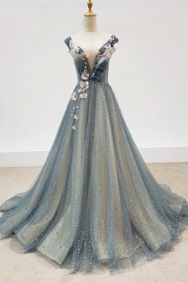 Chic A line Gray Blue V neck Long Beaded Prom Dress Tulle Floral Evening Party Dress KPP1557