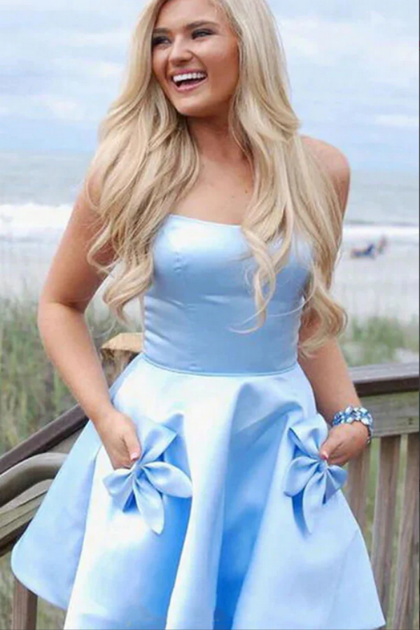 Light Blue Satin Homecoming Dresses With Pockets, Short Party Dresses KPH0632