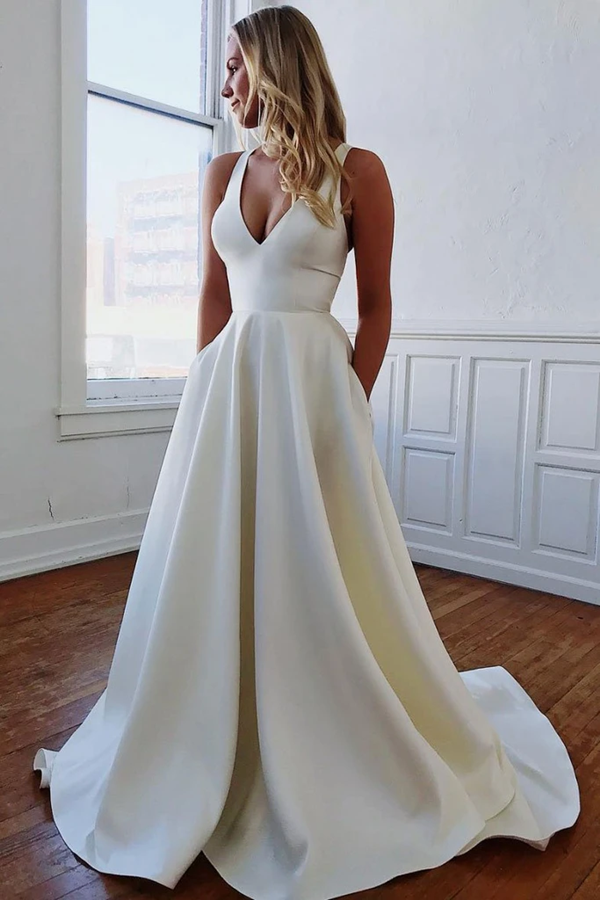 Elegant V Neck Ivory Wedding Dresses with Pockets, Open Back Satin Wedding Gowns KPW0698