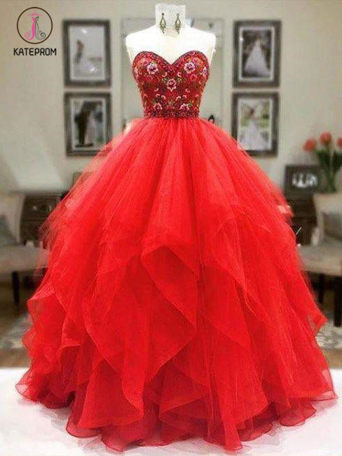 Red Sweetheart Embroidery Floor-length Prom Dress, Puffy Tulle Asymmetrical Prom Gown KPP0631