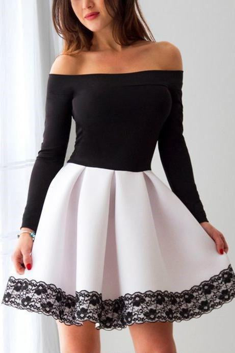 Dark Gray and Black Off the Shoulder Long Sleeve Short Homecoming Dresses with Lace KPH0496