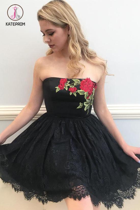 Black Strapless Lace Homecoming Dress with Appliques, Short A Line Prom Dress KPH0369