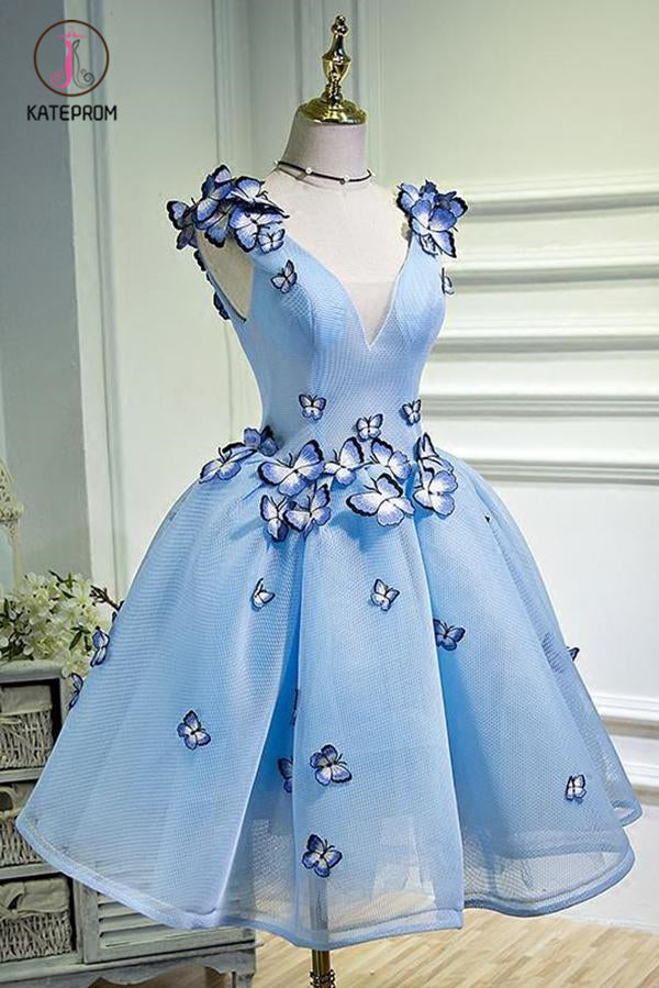 A Line Sky Blue V Neck Sleeveless Junior Homecoming Dress with Butterfly Flowers KPH0352