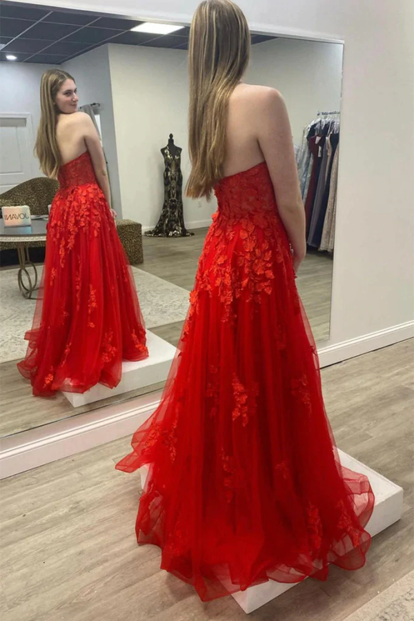 Strapless Red Tulle Long Prom Dress with Lace Appliques KPP1646