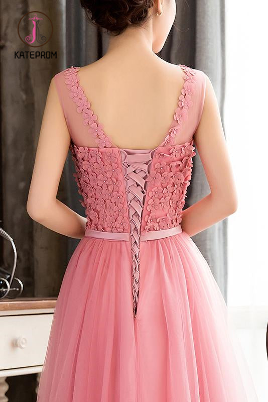 Pink Sleeveless Prom Dress with Flowers, A Line Floor Length Tulle Evening Dress KPP0941