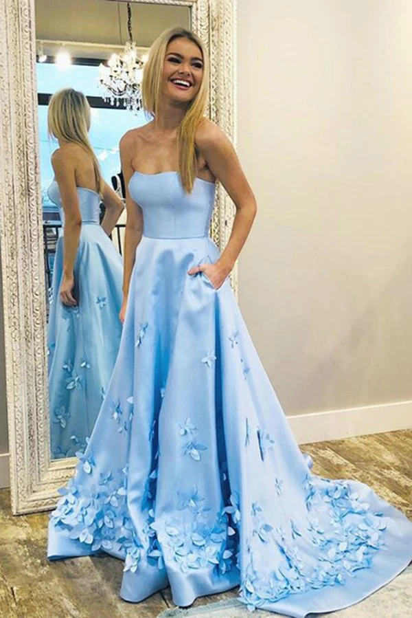 3D Floral Applique Satin Sweetheart Sky Blue A line Long Prom Dresses KPP1366