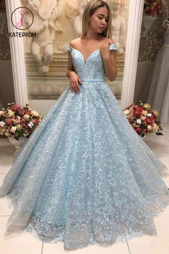 New Arrival Light Blue Lace Puffy Off Shoulder Prom Dresses Formal Evening Dress KPP1009