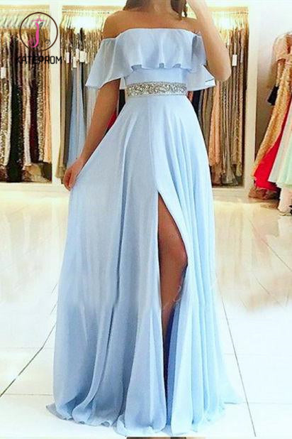 Light Blue Off the Shoulder Split Prom Dress with Beading Waist, Flowy Party Dresses KPP0934