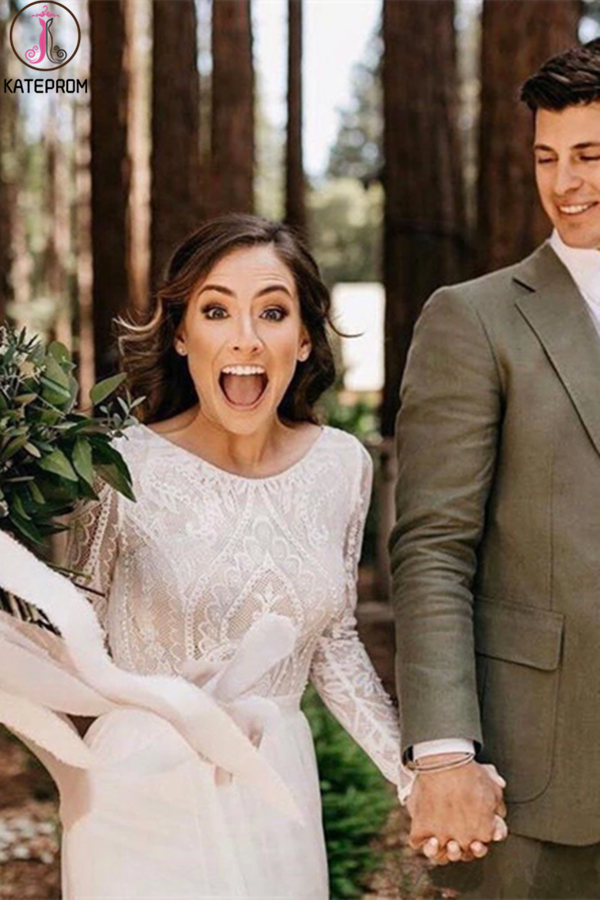 Scoop Long Sleeve Lace Wedding Dresses Vintage Romantic Wedding Gowns Bridal Gown KPW0620