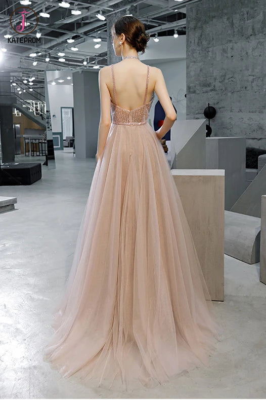 A Line Straps Sleeveless Prom Dress with Beading and Sequins, Long Evening Dress KPP1292