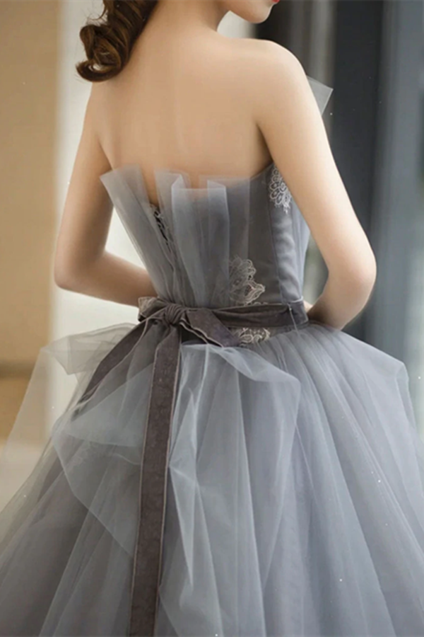 Chic A line Strapless Gray Tulle Long Prom Dress Applique Evening Formal Dress KPP1520