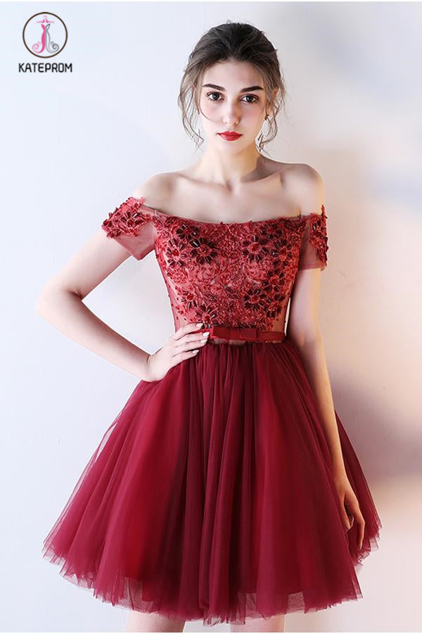 Dark Red Off the Shoulder Short Prom Dress with belt, Short Beading Homecoming Dress KPH0289