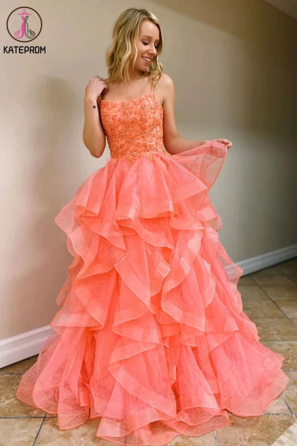 Coral Backless Tulle Beaded Long Prom Gowns, Spaghetti Straps Layers Prom Dress KPP1327