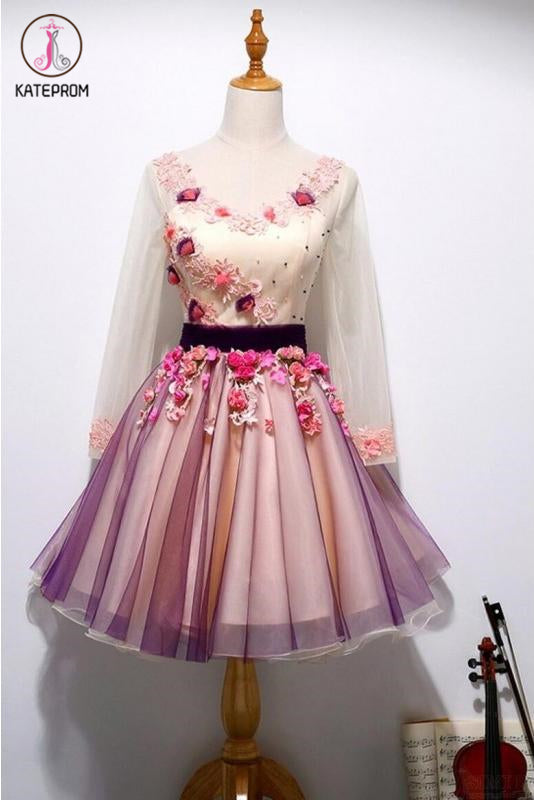A Line Long Sleeves Tulle Short Homecoming Dresses with Appliques and Flowers KPH0416