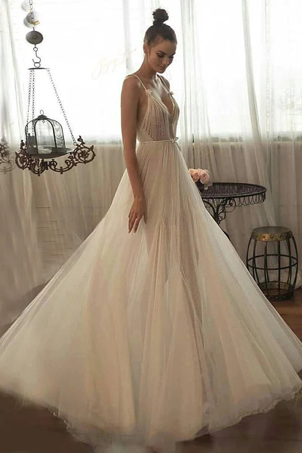 Beaded Tulle Skirt Spaghetti Straps Long Wedding Gown Beach A line Illusion Women Bridal Dress KPW0653