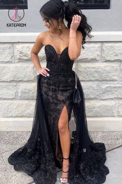 Black Sweetheart Tulle Prom Dress with Lace Appliques, Long Strapless Split Formal Dress KPP0952