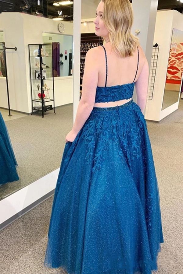 Mykonos Blue Sparkly Two Pieces Appliqued Spaghetti Straps Prom Dress KPP1352
