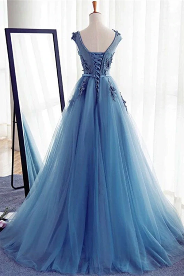 Chic A line Scoop Beaded Long Prom Dress Tulle Applique Evening Party Dress KPP1502