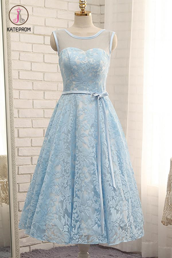 Tea Length A Line Light Blue Lace Homecoming Dress with Belt, Tea Length Prom Dress KPH0358
