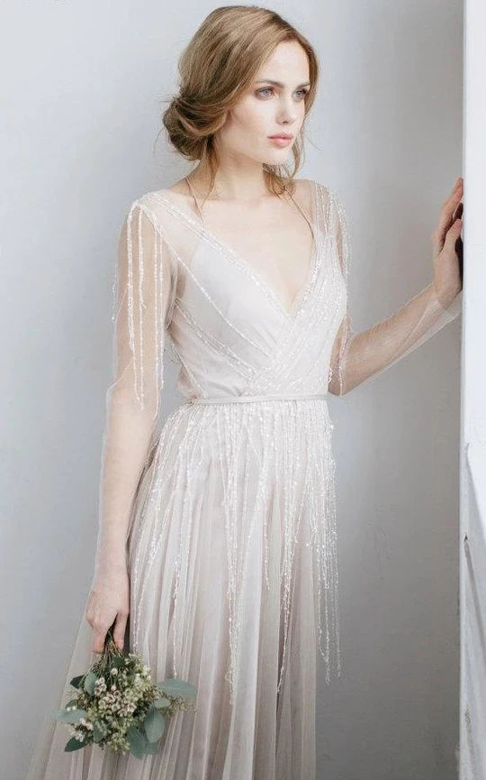 Long Sleeve V Neck Illusion Tulle Weddig Dress With Beading KPW0641