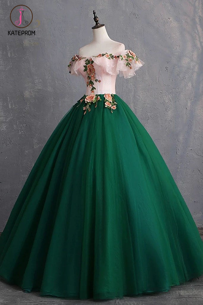 Green Off the Shoulder Floor Length Prom Dress with Appliques, Puffy Quinceanera Dress KPP1062