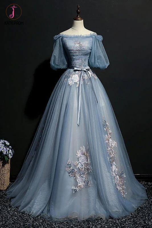 Puffy Off the Shoulder Half Sleeves Long Prom Dress with Appliques, Unique Evening Dress KPP1307
