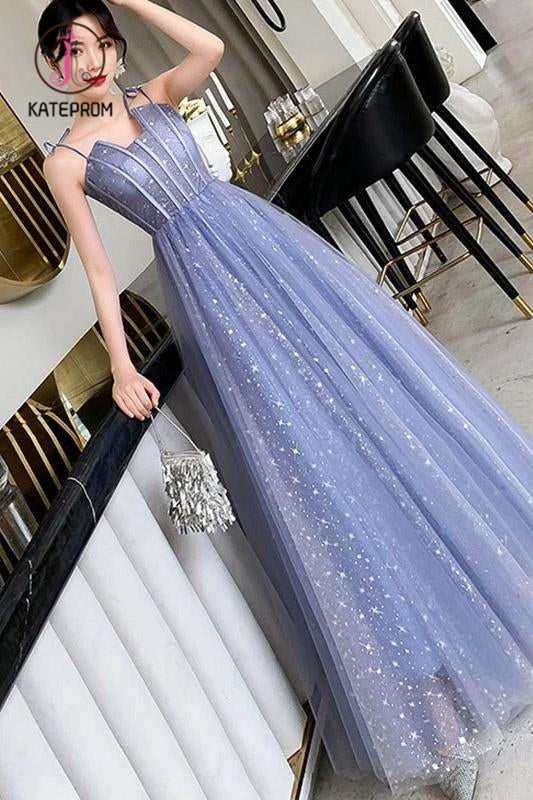 Unique Sparkle Straps Floor Length Tulle Prom Dress, A Line Sleeveless Evening Dresses KPP1004