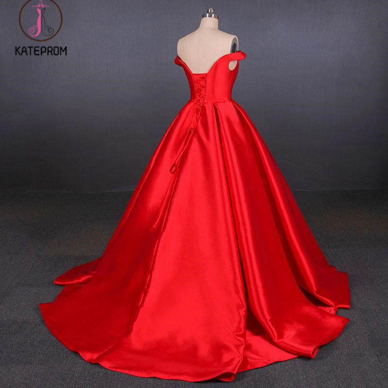Puffy Off the Shoulder Red Satin Prom Dress, A Line Party Dress with Belt KPP1096