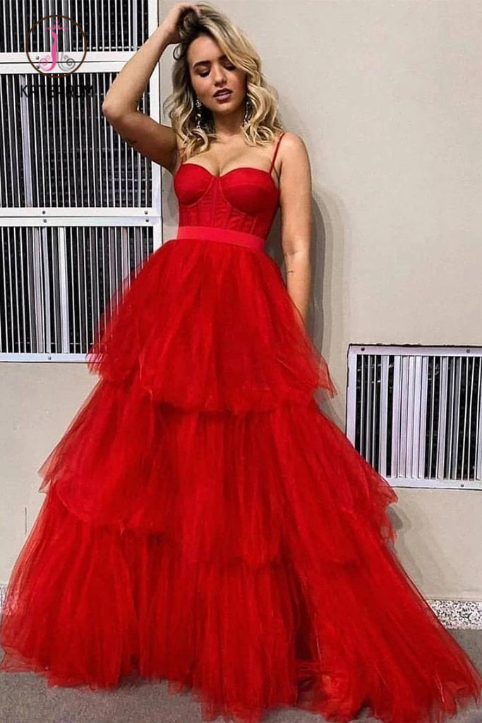 Spaghetti Straps Floor Length Red Layers Tulle Prom Dresses, A Line Long Evening Dress KPP1233