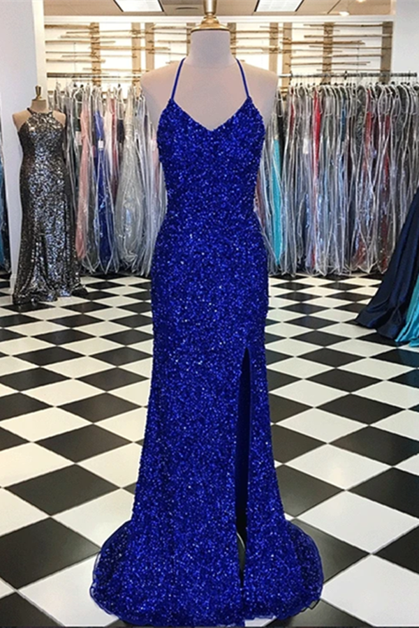 Sparkly Prom Dresses with Slit Sheath Short Train Long Royal Blue Prom Dress KPP1373