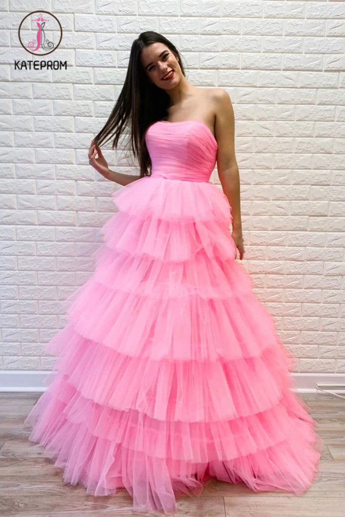 Pink Strapless Layers Prom Dress with Lace Up Back, A Line Floor Length Evening Dress KPP1225