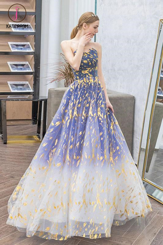 Ombre Puffy Strapless Sparkly Prom Dress, Sexy Long Party Dresses KPP1068