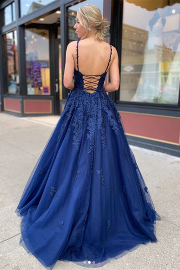 A Line V neck Lace Navy Blue Tulle Long Prom Dresses, Evening Dress KPP1369