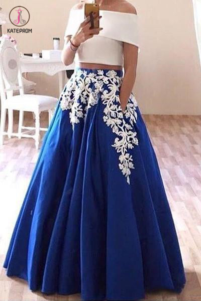 New Off the Shoulder Two Piece Prom Dress, Floor Length Blue Formal Dresses KPP0799