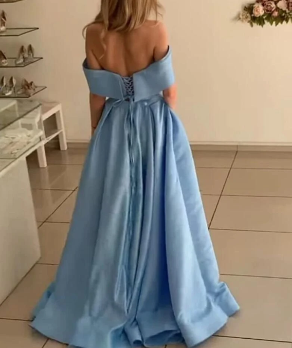 Stunning Sky Baby Blue off the Shoulder Pocket A Line Satin Prom Long Graduation Party Dress KPP1393