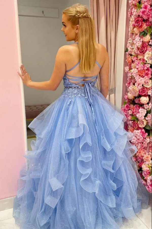 Sky Blue Tiered Tulle Princess Long Prom Dresses With Lace Appliques KPP1670