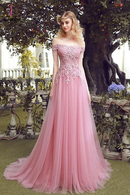 Pink Off the Shoulder Tulle Prom Dress with Lace Appliques, Long Evening Dresses KPP1309