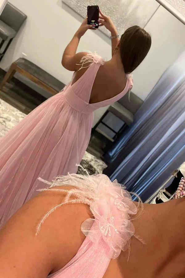 Feathers Backless Pink Plunging V-Neck Tulle Long Formal Dress KPP1714