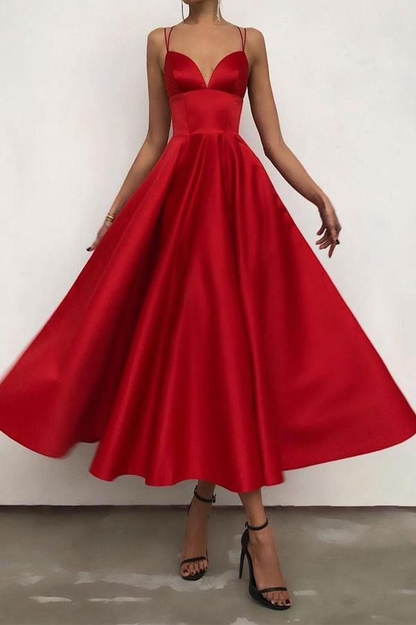 Simple V Neck Satin Burgundy Tea Length Prom Evening Dresses KPP1571