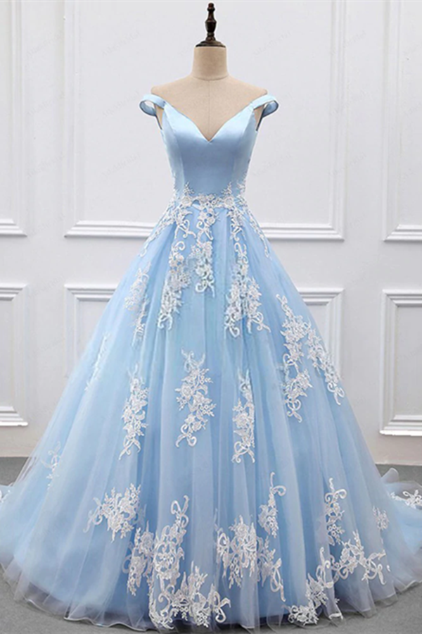 Chic A line V neck Light Sky Blue Tulle Applique Modest Prom Dress Evening Dress KPP1615