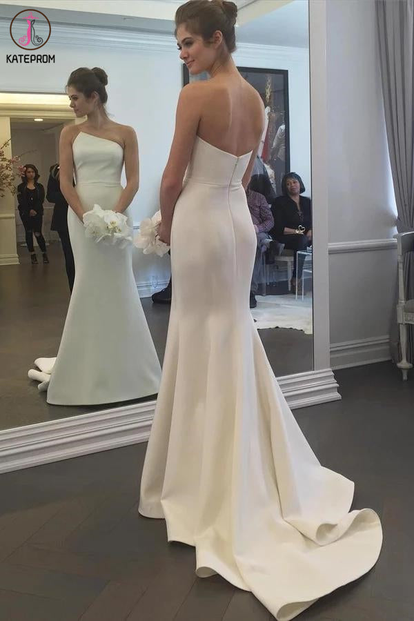 Simple Strapless Mermaid Long Wedding Dresses, Elegant Ivory Sweep Train Wedding Dresses KPW0568