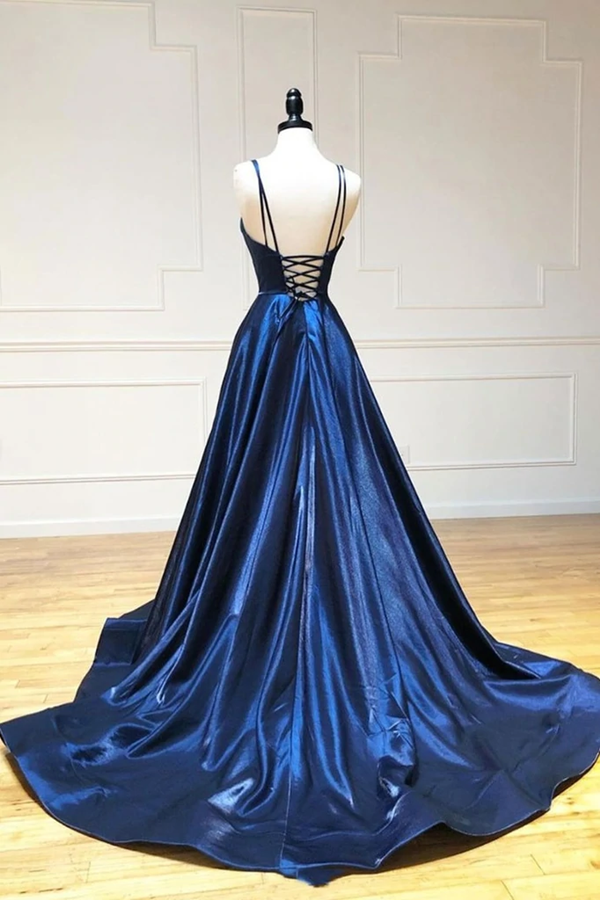 Simple Spaghetti Straps Long V Neck Navy Blue Prom Dresses KPP1485