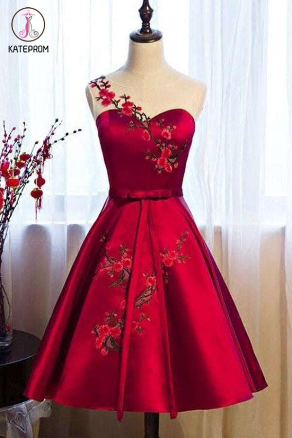 Burgundy Sheer Neck Knee Length Sleeveless Satin Homecoming Dress with Belt KPH0438