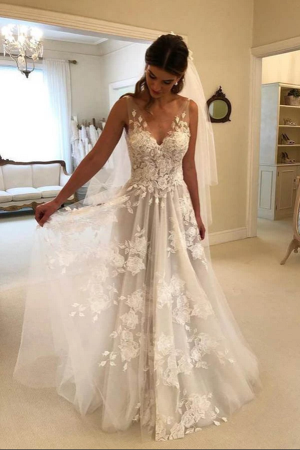 Fabulous Tulle A line V neck Floor Length Lace Wedding Dresses With Appliques KPW0661