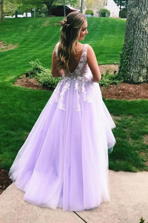 Lilac A line V neck Evening Dress, Long Prom Dresses With Appliques KPP1400