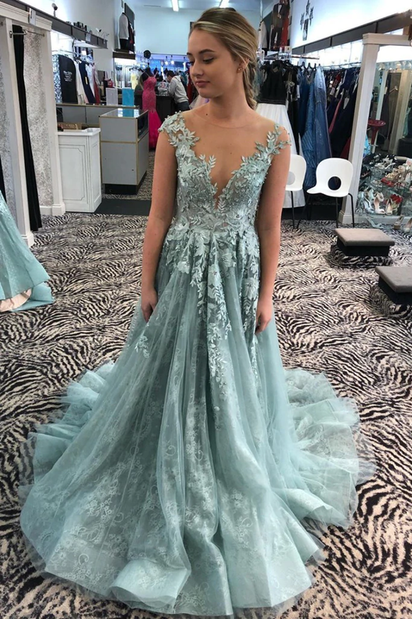 Illusion Neckine A Line Cap Sleeves Prom Dresses Lace Appliques Formal Evening Gowns KPP1511