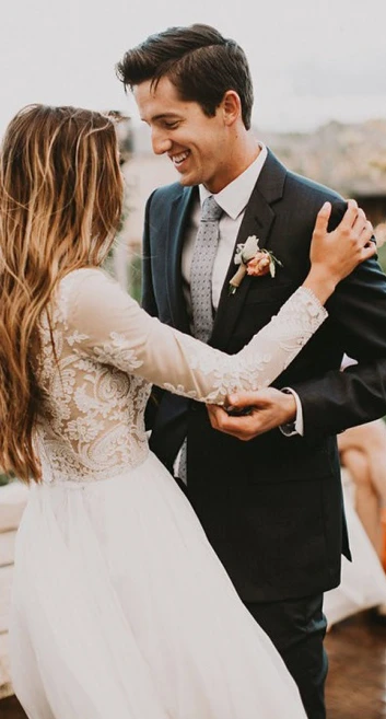 Vintage Long Sleeve Ivory Lace Chiffon Scoop Wedding Dresses Country Wedding Gowns KPW0693