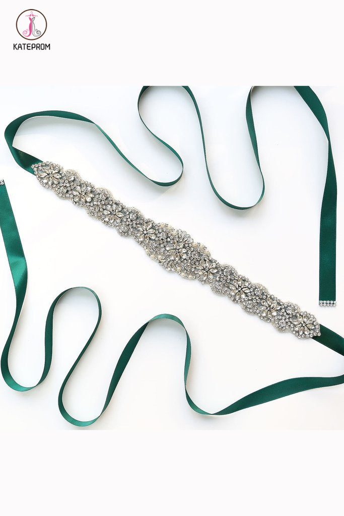 Elegant Long Crystal Sashes with Ribbon, Wedding Bridal Sash KPS0004